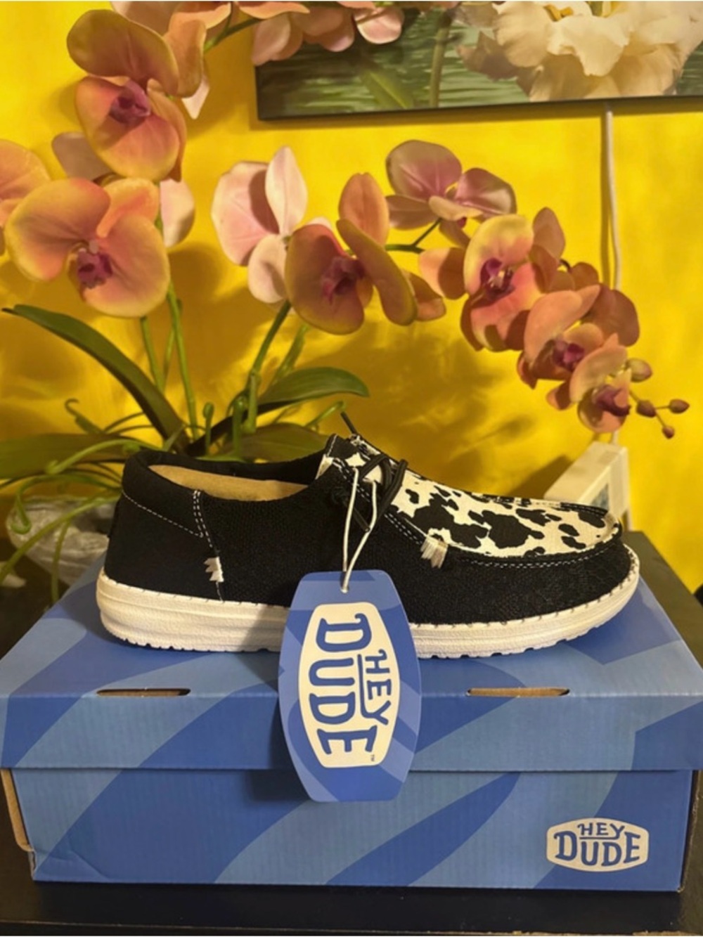 Hey Dude Women Casual Black & White Cow-Print Slip-On Shoe 7